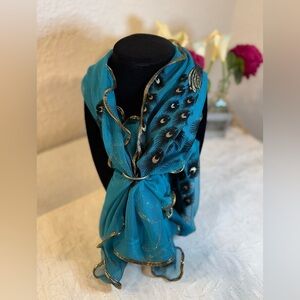 Teal Peacock Glitter Mesh Scarf | Shimmer Sheer Lettuce Edge Wrap 66x17 READ